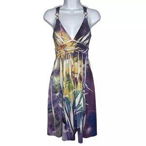 Vintage 90s Y2K Arden B Floral Sublimation Dress Size XS Purple Yellow Abstract